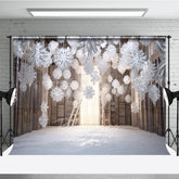 Lofaris Winter Wonderland Photography Backdrop with Hanging Paper Snowflakes White Christmas Rustic Holiday Photo Booth